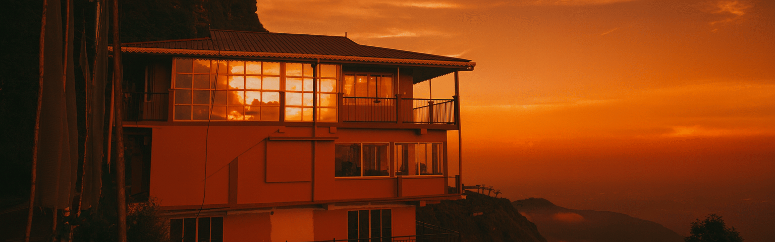 Sunrise view of a hotel in Kurseong perched on a mountain cliff, with golden sky, misty valleys, and Himalayan hills in the background — perfect stay in Kurseonghills