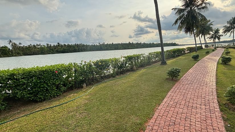 A brick pathway curving through a grassy area with trees on one side and a body of water in the background. - Still Waters, Varkala