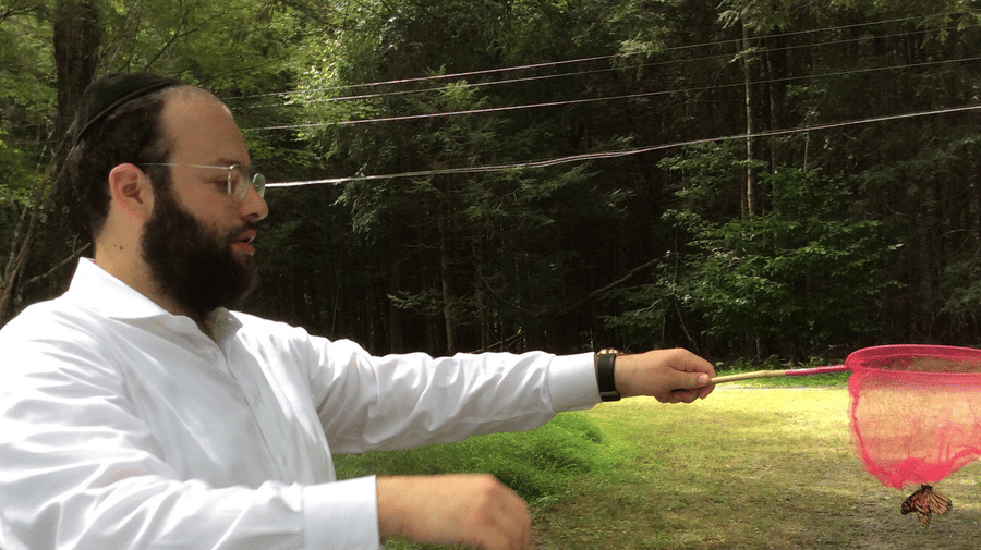 A person standing outdoors on grass, holding a red net, with trees and greenery in the background at YO1 Longevity & Health Resorts, Catskills