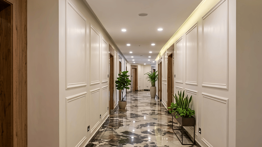 Hallway leading to guest rooms with marble flooring and wall sconces.