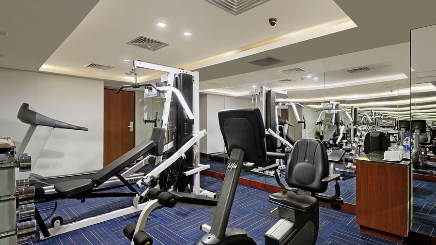 Well-equipped gym with weights and cardio machines at The Elanza Hotel.