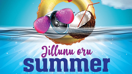 A creative promoting the rooftop swimming pool in MM Legacy, Kanchipuram  which features sunglasses, coconut, and a pool during summer