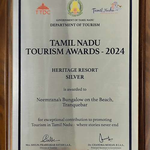 Tamil Nadu Tourism Awards 2024 certificate awarded to Neemrana's Bungalow on the Beach.