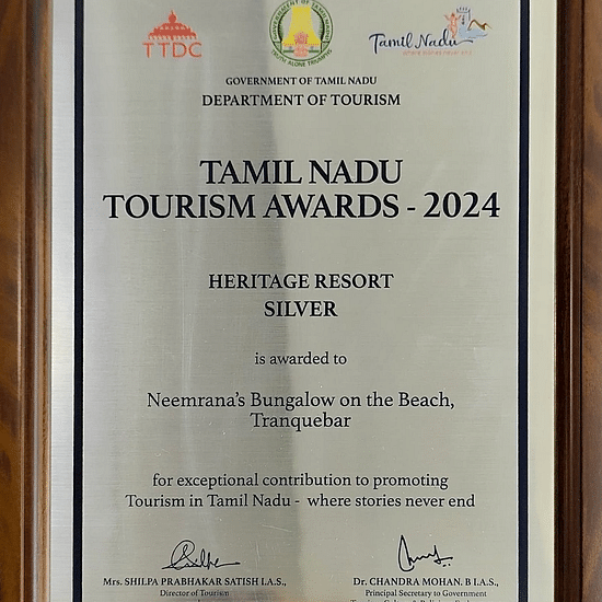 Tamil Nadu Tourism Awards 2024 certificate awarded to Neemrana's Bungalow on the Beach.