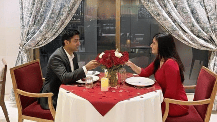 Intimate private dining setup for couples with elegant decor at Pride Plaza Ahmedabad for Valentine’s celebration.