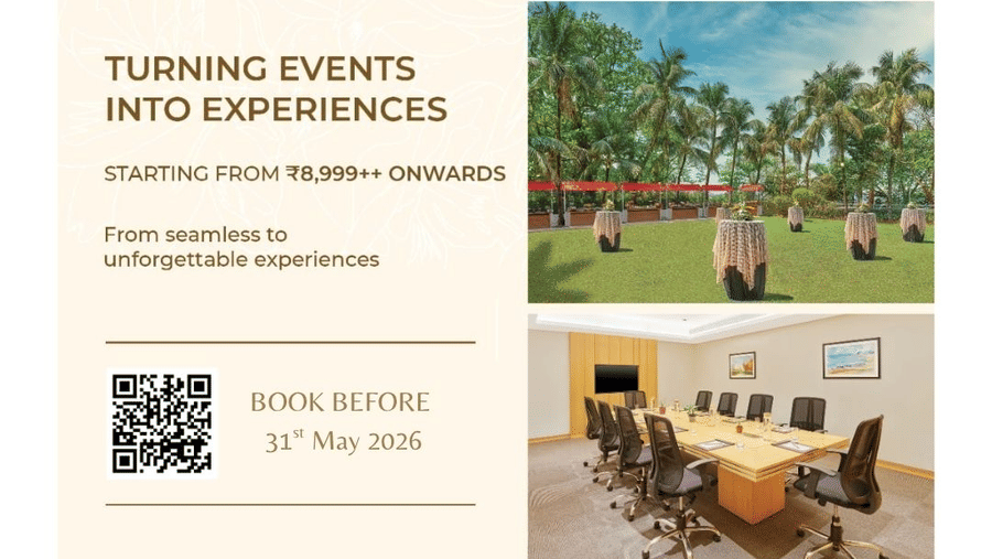 Promotional banner for The Resort Mumbai featuring event spaces, meeting rooms, outdoor venues, and rooms with an offer starting from INR 8,999 onwards.