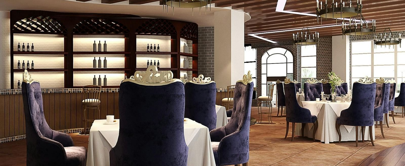 Elegant restaurant dining area with set tables, dark blue chairs, and decorative chandeliers.