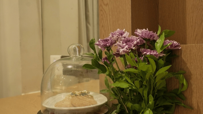 A cake stand, a potted plant, and a mirror at Bougainvillea, Alibaug.