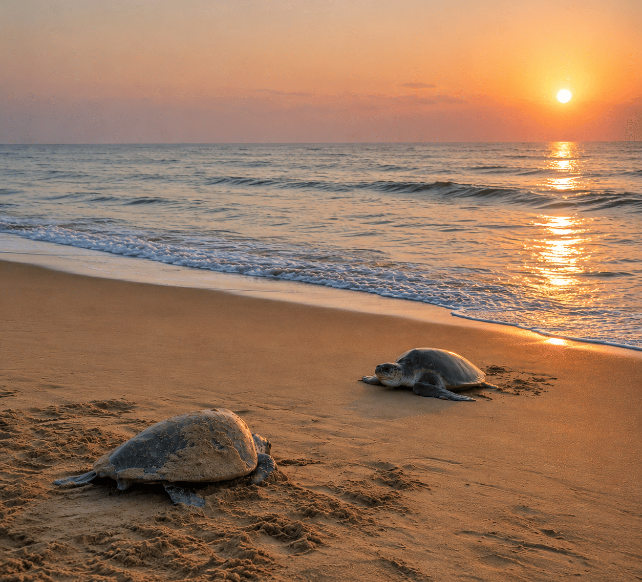 Two olive ridley turtles on the sand at the Rushikulya river mouth at sunrise, near MAYFAIR Palm Beach Resort, Gopalpur-on-Sea.