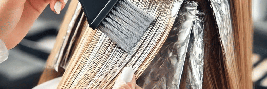 A root touch up treatment given with hair colouring equipments.