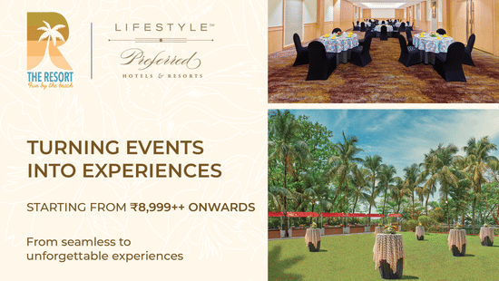 Promotional creative for Meetings & Events Offer at The Resort Mumbai, offering event experiences starting from INR 8,999 and valid till 31st March, 2026.