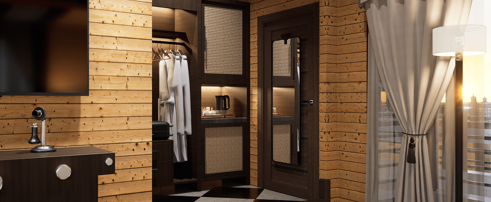 A bedroom with a television, wardrobe with hanging clothes, door, and a curtained window - Rhino and River BluSalzz Collection, Pobitora