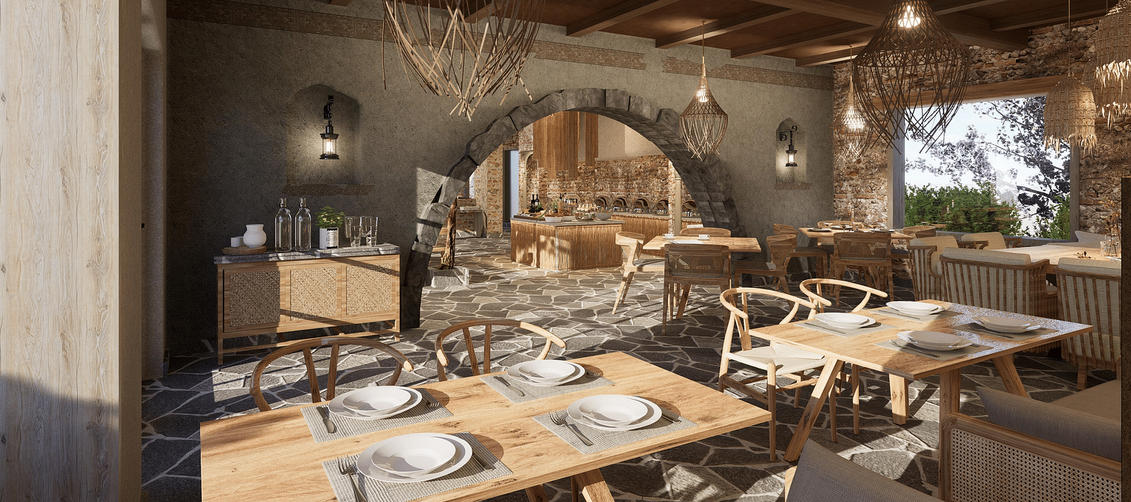 A restaurant with neatly set tables and chairs, featuring woven light decorations hanging at The Evren, Vagator.