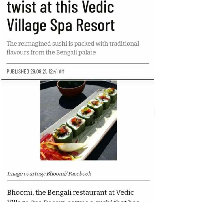 A screenshot of My Kolkata featuring a story on Vedic Village under the title Sushi gets a Bengali twist at this Vedic Village Spa Resort