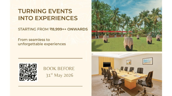 Promotional banner for The Resort Mumbai featuring event spaces, meeting rooms, outdoor venues, and rooms with an offer starting from INR 8,999 onwards.