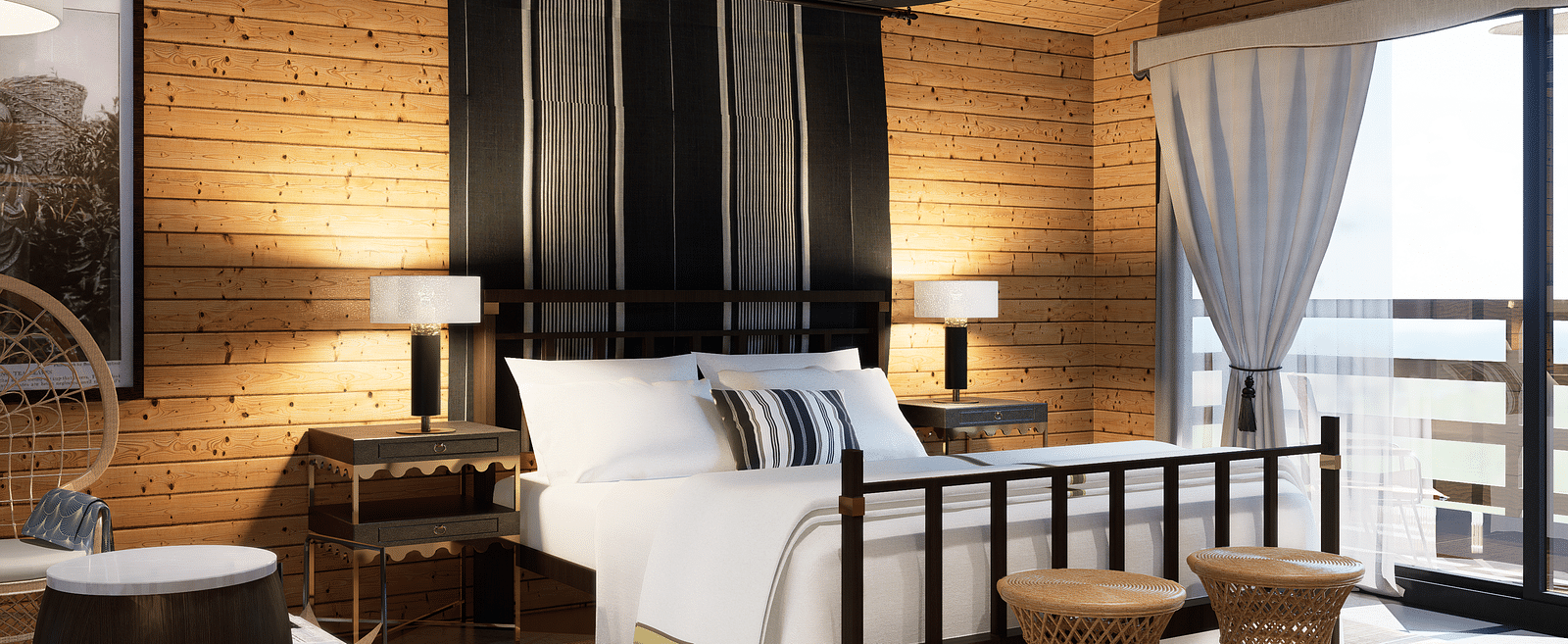A bedroom with a bed, lamps, patterned drapes, a chair, and a balcony view - Rhino and River BluSalzz Collection, Pobitora
