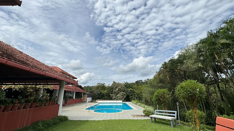 arial shot of the property with the swimming pool in view - Kadkani River Resort, Coorg
