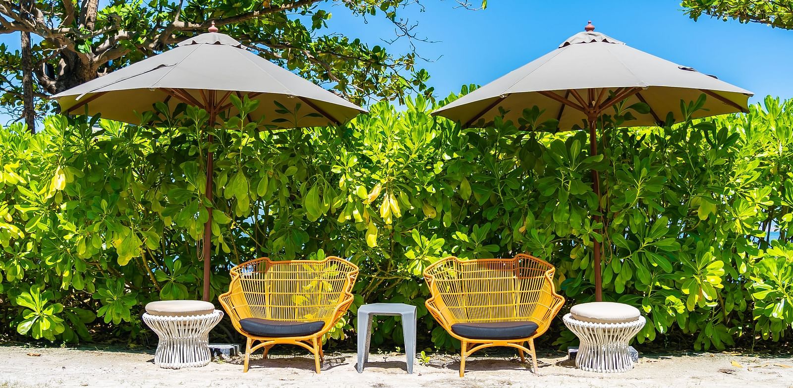 Two wicker chairs face each other, with a small table between them. Two large, light-coloured umbrellas provide shade and the seating area is surrounded by well-maintained hedges or bushes - Bamboo Saa Resort & Spa, Udaipur
