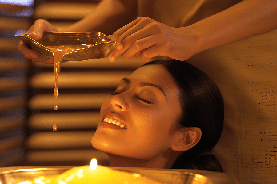 alt-text A woman getting ayurvedic treatment by a masseuse, staged in a golden tint
