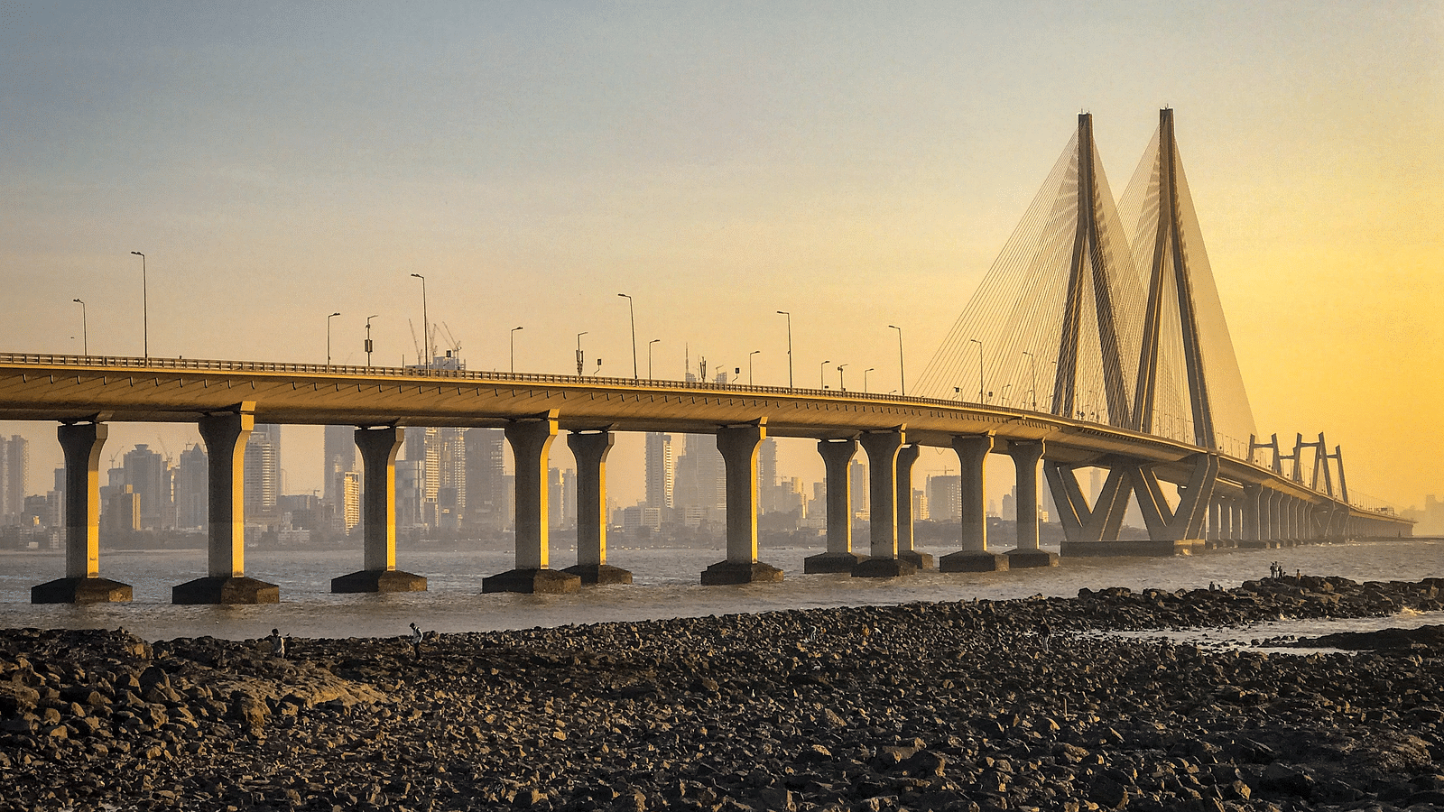 A view from the shores of the Bandra-Worli sea link with the evening sky in the background