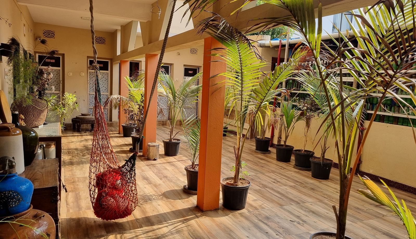 The corridor at Dream Vision Guest House decorated with potted plants along with a small swing hanging from the ceiling.