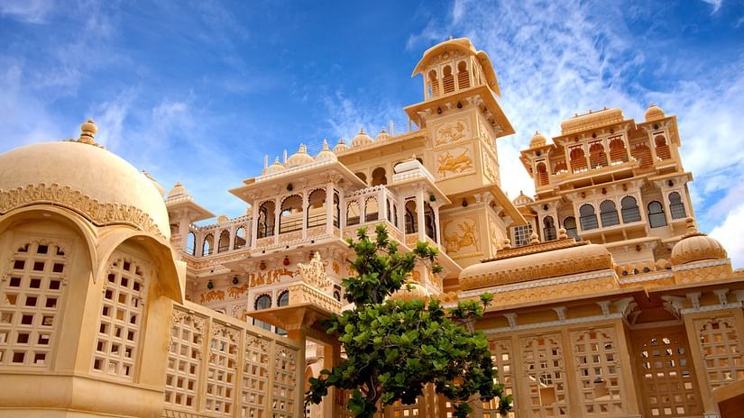 An intricately carved palace with a tree in front of it and blue sky in the background - unique hotel Udaipur