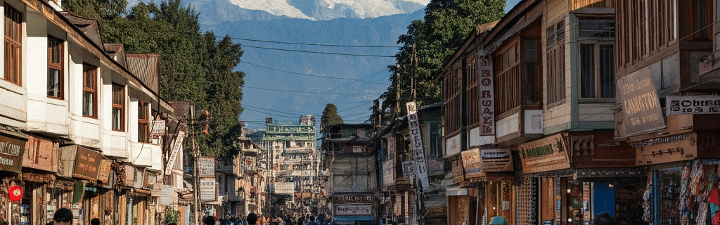 Pedestrians walk along a busy street lined with shops in Gangtok, with the snow-capped Himalayan peaks visible in the clear blue sky.