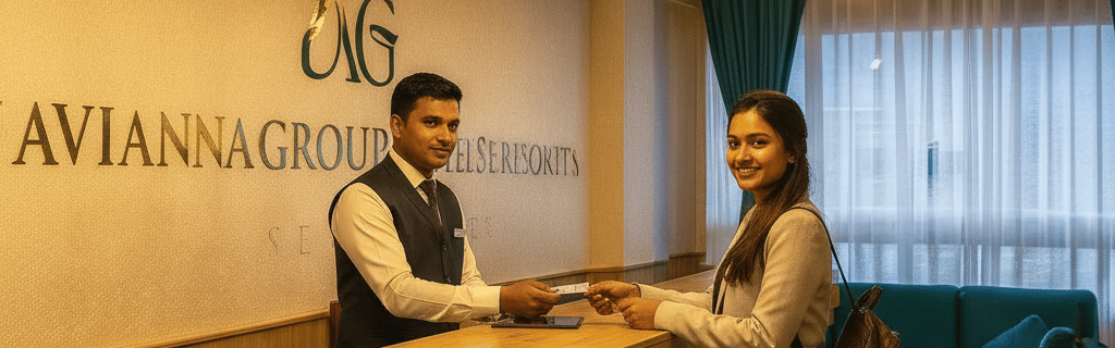 A friendly front desk staff member at Avianna Seven Seas Darjeeling warmly receiving a guest during their check-in process in a hotel lobby with luxurious, heritage-inspired wooden decor.
