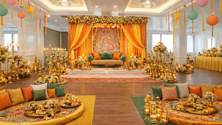 A wedding setup of Aftab Manzil banquet hall with low seating, floor cushions, decorative hanging elements, and a raised ceremonial stage at Clarks Avadh, Lucknow.