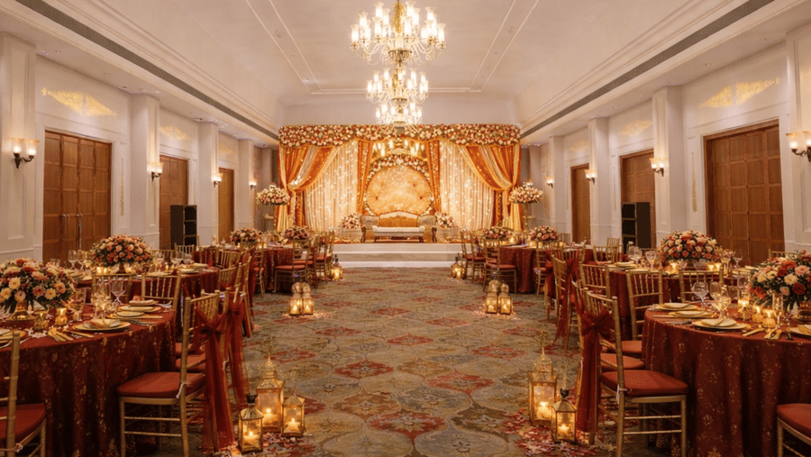 A convention hall with long banquet tables, aligned chairs, chandeliers, wall paneling, and a symmetrical aisle layout at Clarks Avadh, Lucknow.