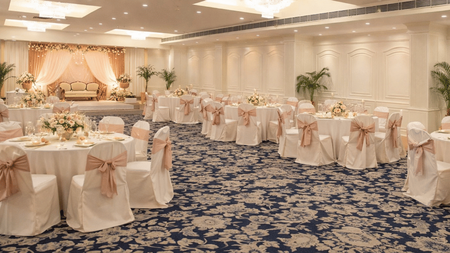A banquet hall with round tables covered in table linen, banquet chairs, patterned carpeting, and recessed ceiling lighting at Clarks Avadh, Lucknow.
