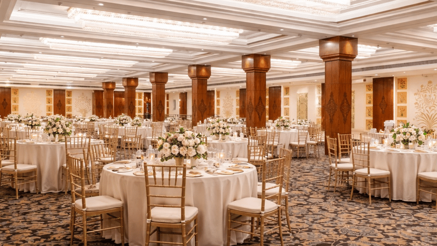The Swarn Mahal banquet hall with round tables, cushioned banquet chairs, wooden pillars, and a coffered ceiling layout at Clarks Avadh, Lucknow.