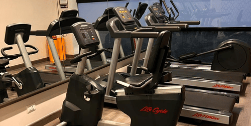 Fitness Centre at Sarovar Portico Outer Ring Road in Bengaluru featuring multiple treadmills that are placed the room.