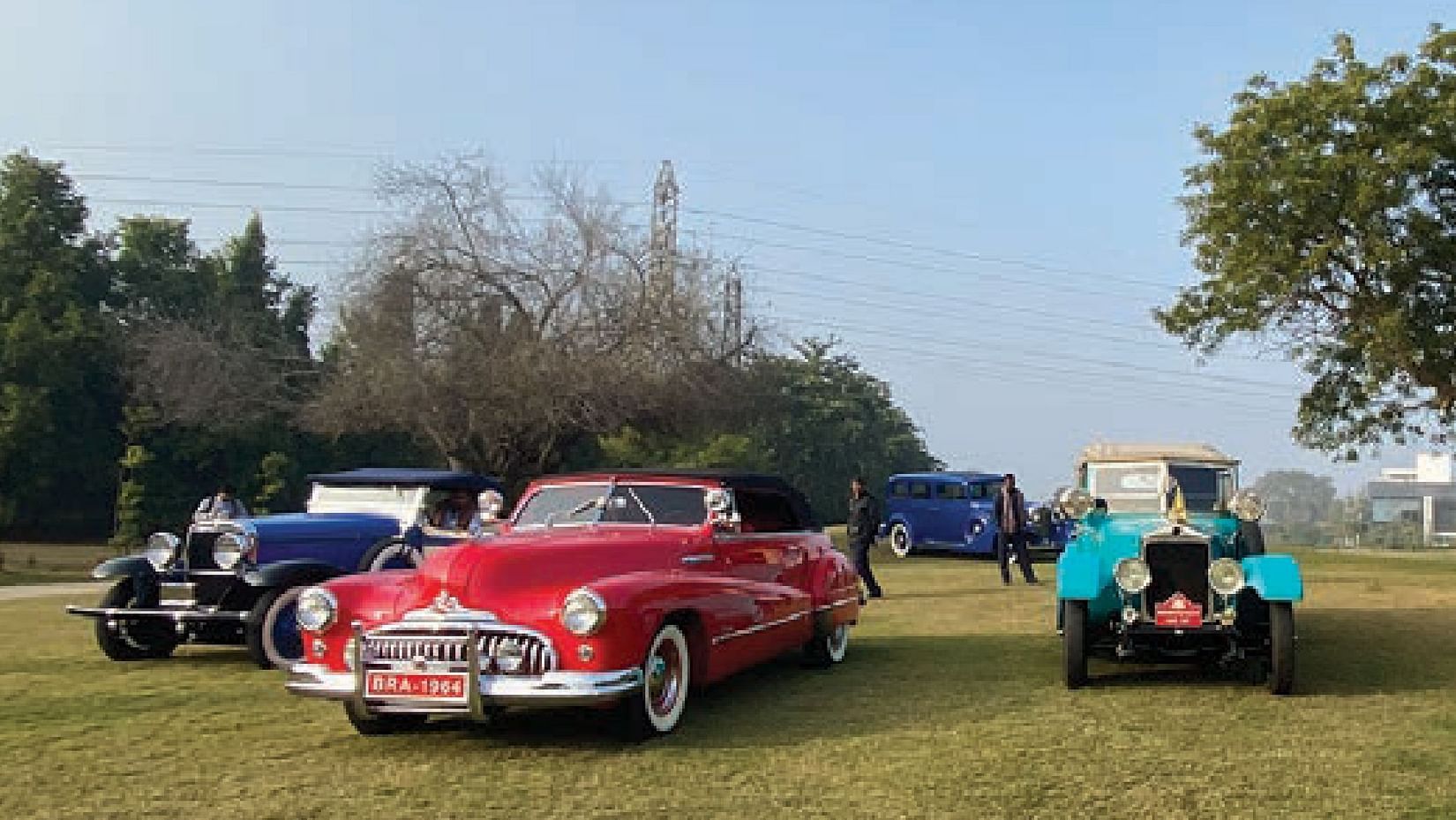 Few vintage cars parked on the lawn area with greenery around - Karma Lakelands.