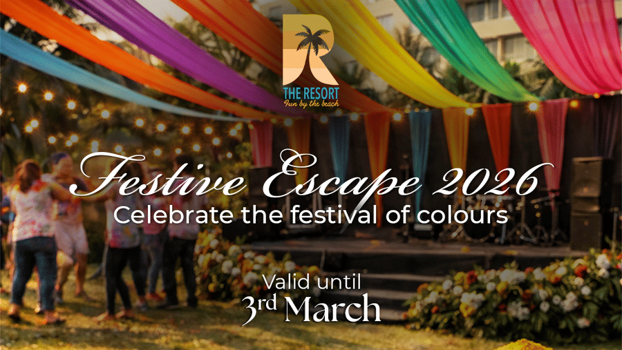Festive Escape at The Resort with colourful drapes, Holi powders, and Indian snacks for the 3rd March celebration.