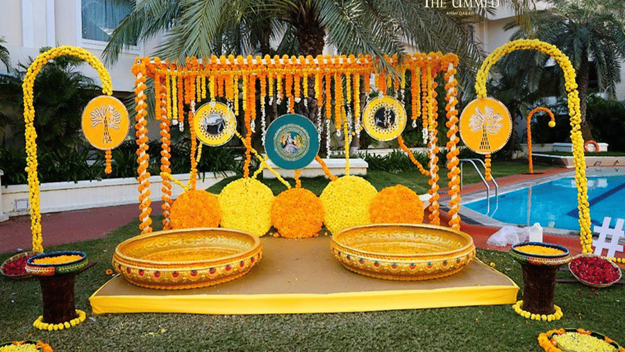 Haldi ceremony decor by the poolside at The Ummed Ahmedabad