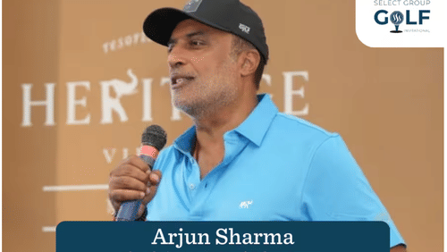 Arjun Sharma speaking at Select Group Golf Invitational event.