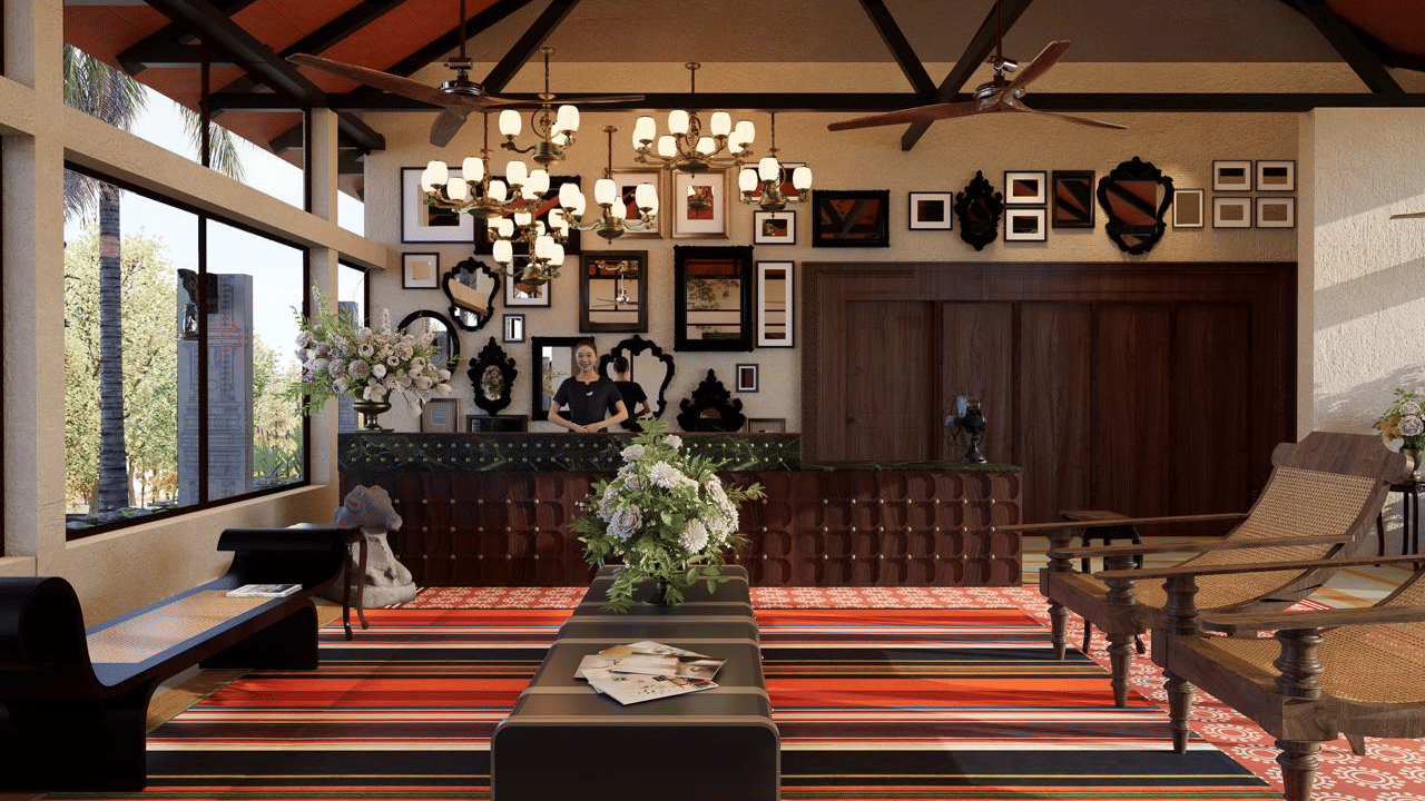 Render of a spacious hotel lobby featuring classic furniture, curated wall art, and an inviting reception area.