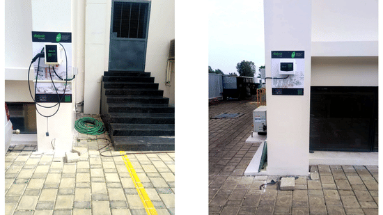 A collage of EV charging facility in The Residences at CSE featuring equipment and cables. 