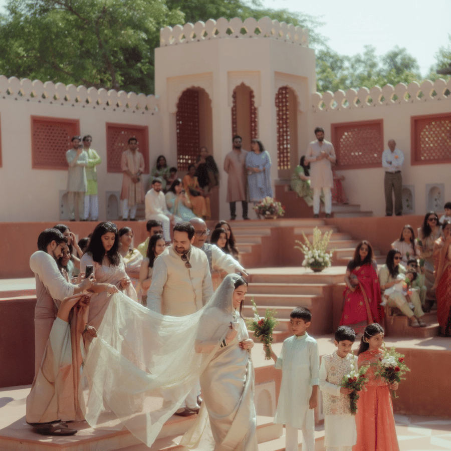 Bride in a beige lehenga descending red sandstone steps during a wedding ceremony at Umaid Palace.