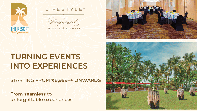 Promotional creative for Meetings & Events Offer at The Resort Mumbai, offering event experiences starting from INR 8,999 and valid till 31st March, 2026.