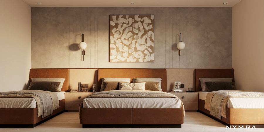 Twin bedroom at Ananta Elite Somnath with warm interiors, comfortable bedding and a relaxing ambience