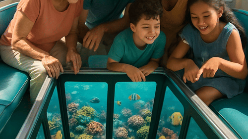 An AI-generated print of a loving family looking into the waterbody from inside their glass boat.