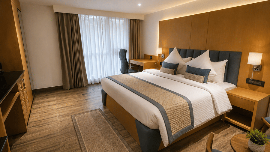 Deluxe Room setup with a double bed, wooden flooring, and a small seating area at BluSalzz Collection - Casa Onze, Arpora.