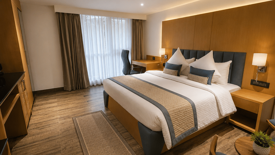 Deluxe Room setup with a double bed, wooden flooring, and a small seating area at BluSalzz Collection - Casa Onze, Arpora.