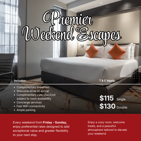 A promotional banner for Premier Weekend Escapes at BWP Premier Best Western Westlands featuring a modern hotel bedroom with a large bed and accent pillows, highlighting a relaxing weekend stay available from Friday to Sunday with a Reserve Your Stay Today