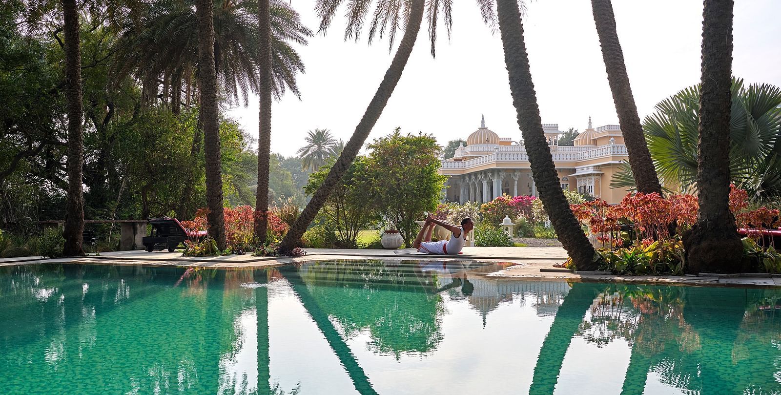 image featuring a calm swimming pool surrounded by towering palm trees at dev shree, deogarh