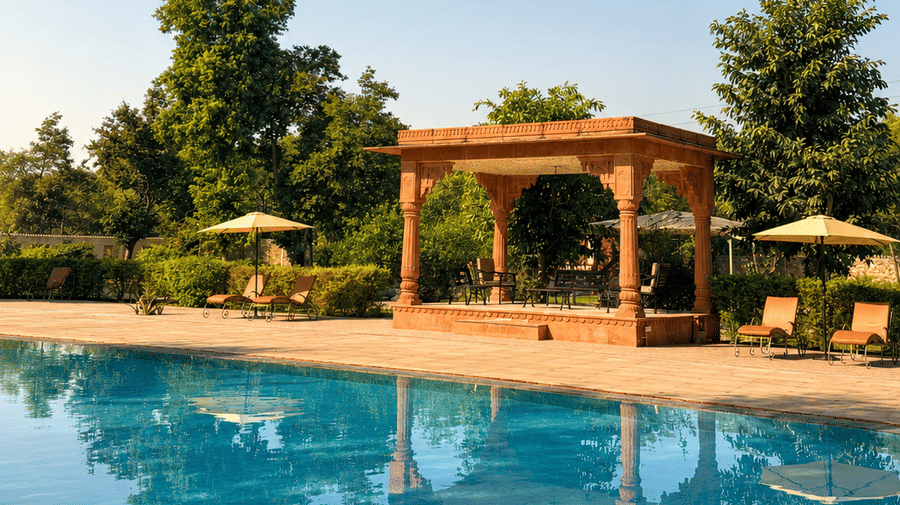 Sandstone Pavilion Reflections by the Pool at Umaid Palace Dausa-Resort near jaipur