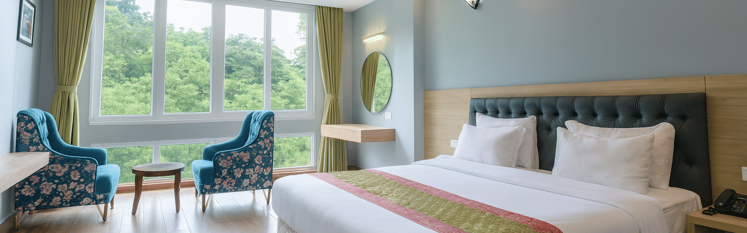 Executive hotel room with king-size bed, modern interiors, large windows opening to a lush forest view, and bright natural morning lighting for a premium 3-star experience