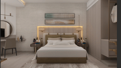 Superior bedroom at Tulip Inn Bidar featuring a double bed, bedside tables, 2 lamps, a vanity mirror, desk, and a wardrobe with an open storage rack.